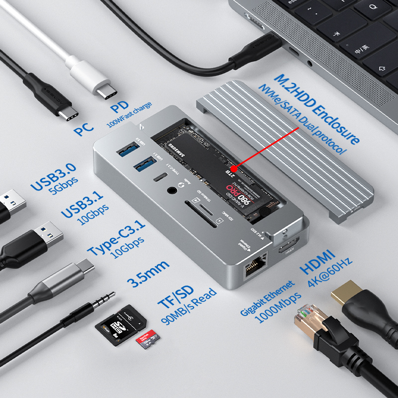 SH71002: 10-IN-1 USB C Docks + SSD Enclosure(10Gbps)