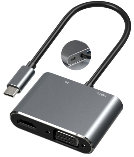 SH7402: 4 IN 1 Type-C Hub PD 3.0 + HDMI + VGA + USB A