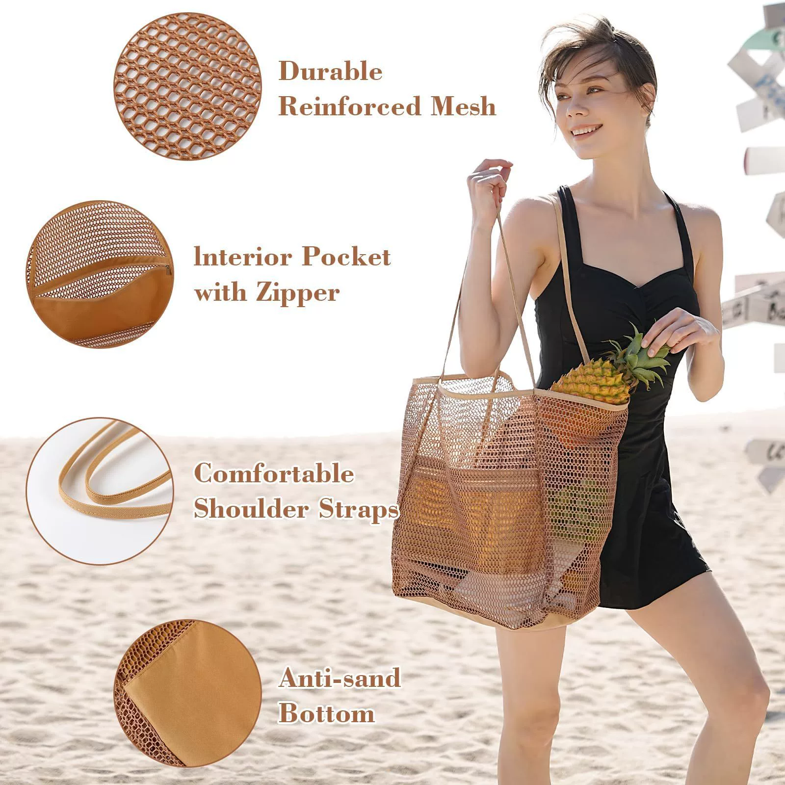Large Beach Bag, Mesh Bag Beach with Zip Inner Pocket, Foldable Lightweight, Swimming Bag, Shopper
