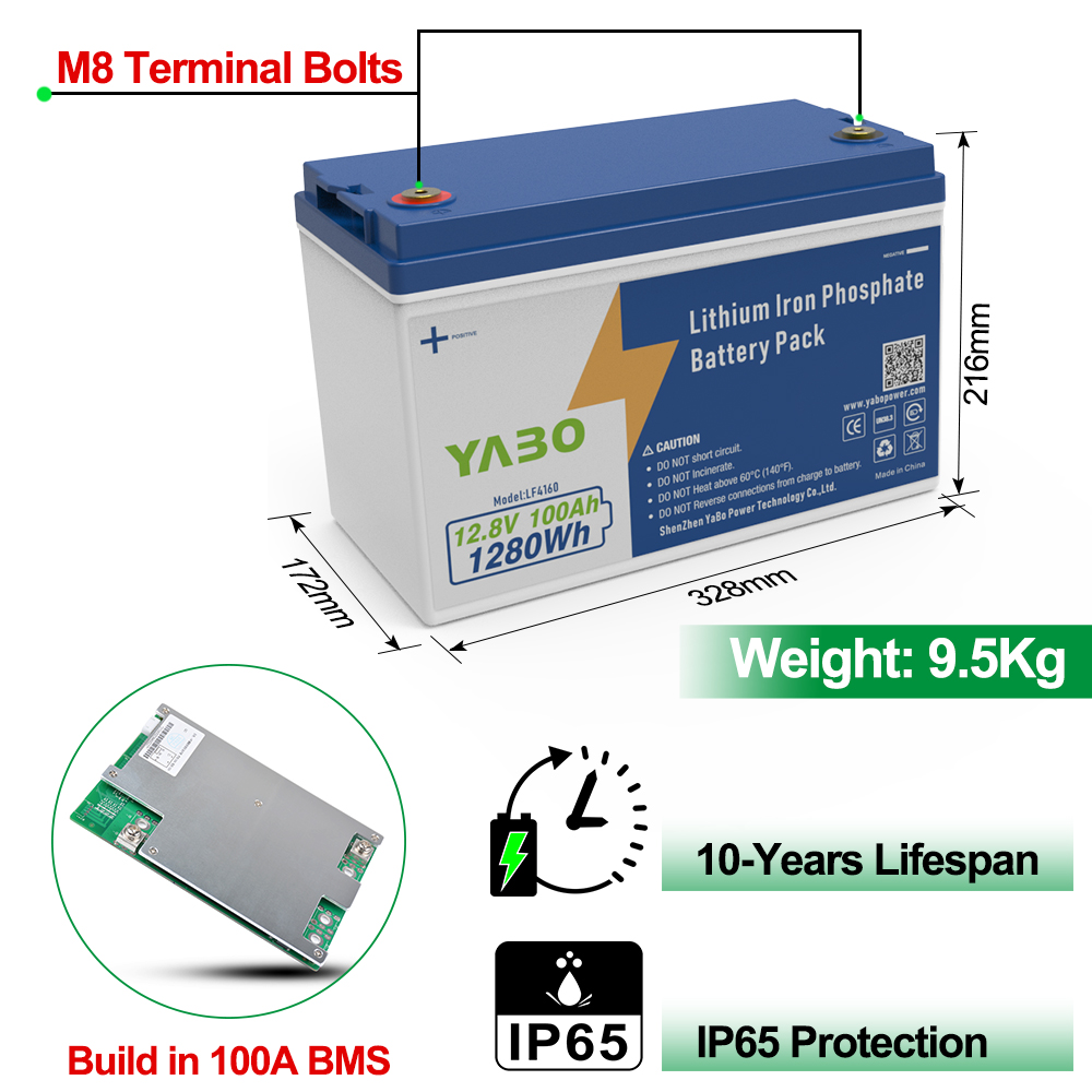 YABO 12V 100Ah LiFePO4 Battery for Off Grid Solar Power Systems RV Camper Van Marine and Outdoor Backup Power Applications