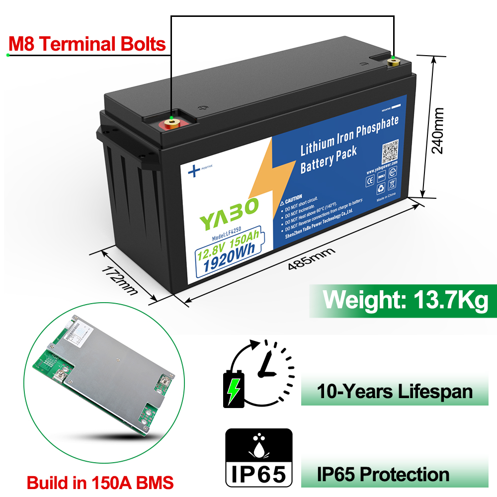 YABO 12V 150Ah LiFePO4 Rechargeable Battery Deep Cycle Lithium Power for Off Grid Solar Power Station Inverter Home Storage and Outdoor Use