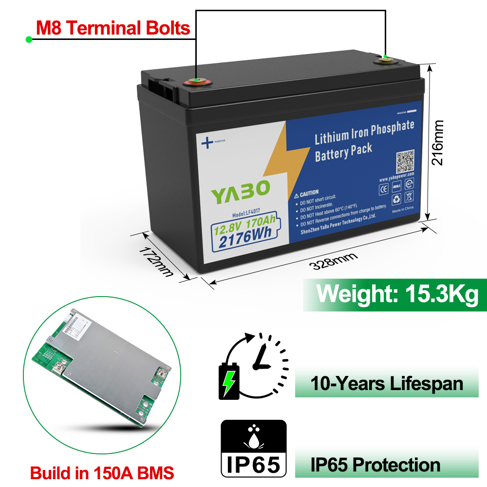 YABO 12V 170Ah Lithium Iron Phosphate Battery Long Life Deep Cycle LiFePO4 Power Solution for Solar Energy Storage and Inverter Systems