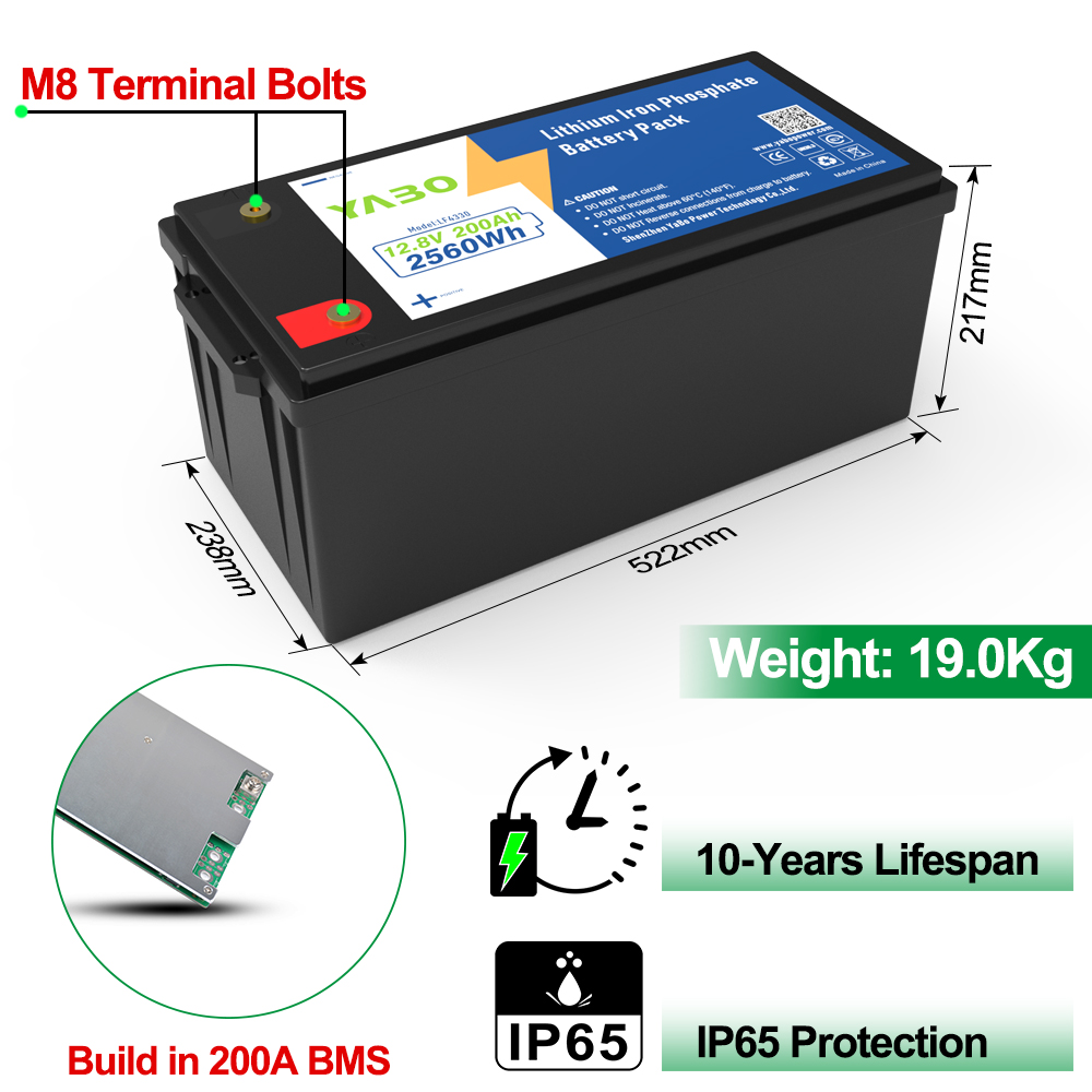 YABO 12V 200Ah Lithium Battery Pack Lightweight and Safe Deep Cycle LiFePO4 Battery for Outdoor Power Supply and Home Energy Backup