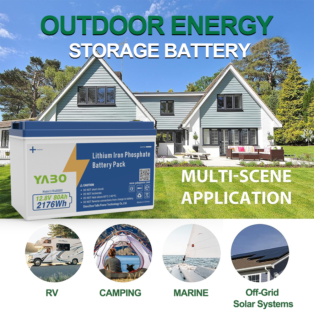 YABO 12V 80Ah LiFePO4 Battery Rechargeable Deep Cycle Power Pack for Solar System Off Grid Backup RV Marine Camping Use