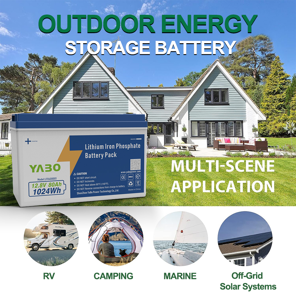 YABO 12V 80Ah LiFePO4 Battery Rechargeable Deep Cycle Power Pack for Solar System Off Grid Backup RV Marine Camping Use