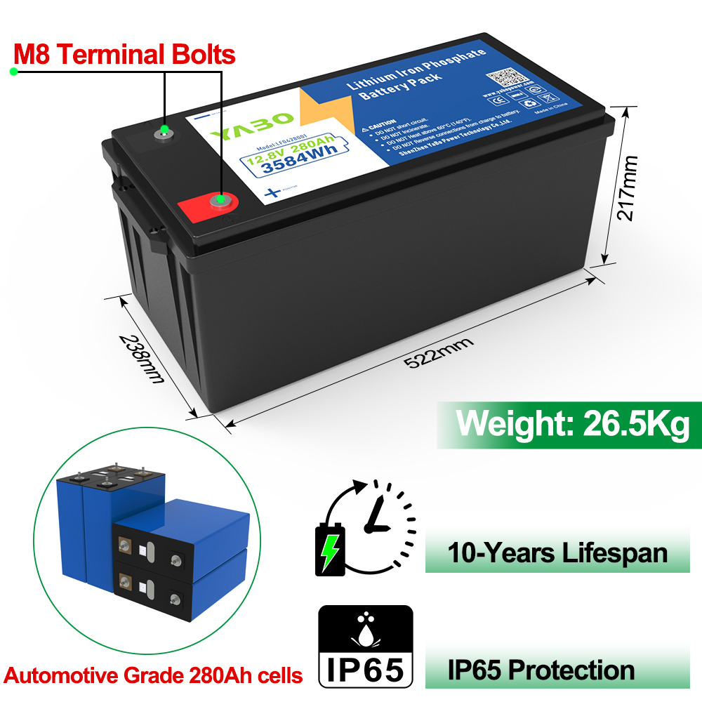 YABO 12V 280Ah High Performance LiFePO4 Battery for Portable Solar Generators RV Power Supply Off Grid Backup Energy Use