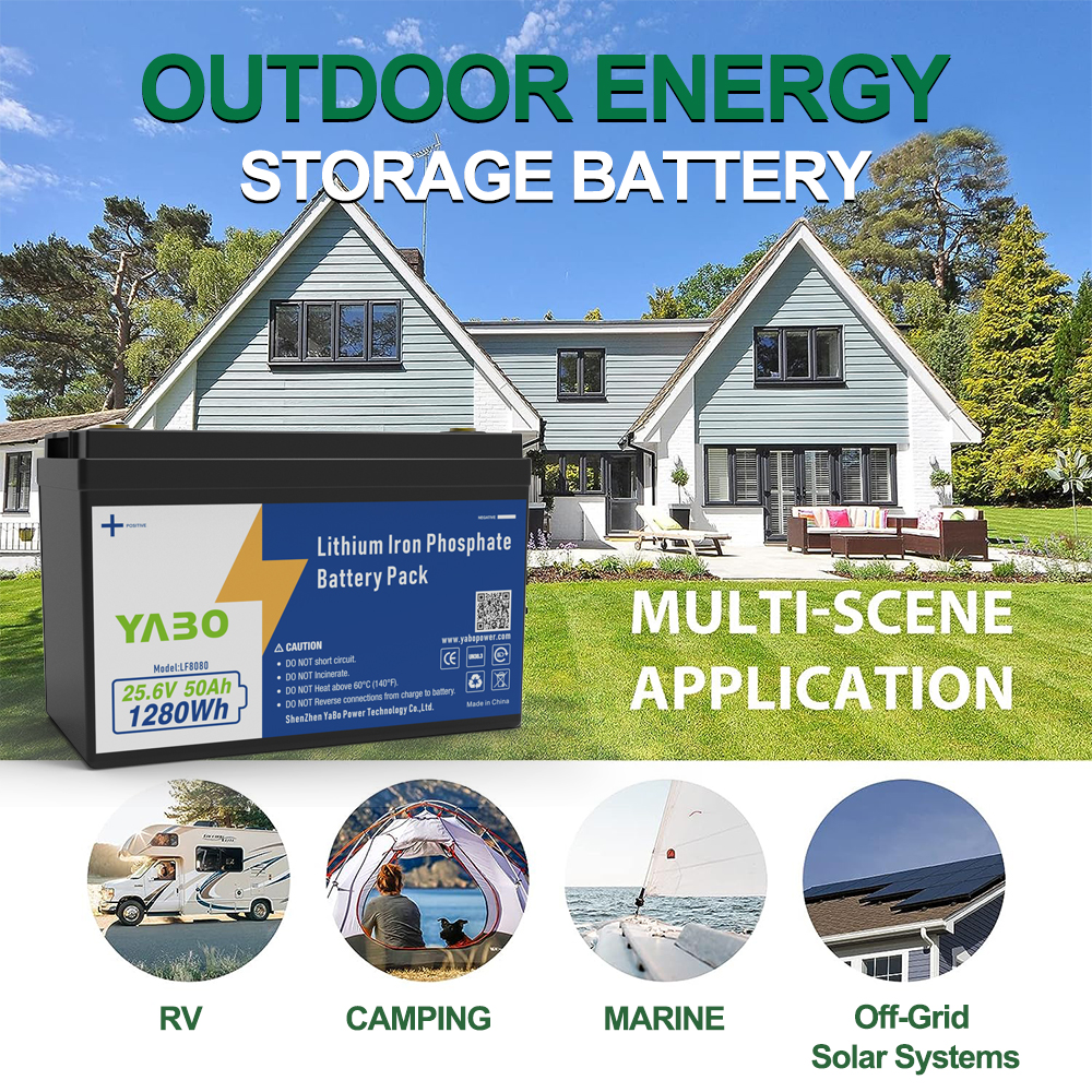 YABO 24V 50Ah LiFePO4 Deep Cycle Lithium Battery for Home Solar Energy Storage RVs Boats and Emergency Backup Power Systems