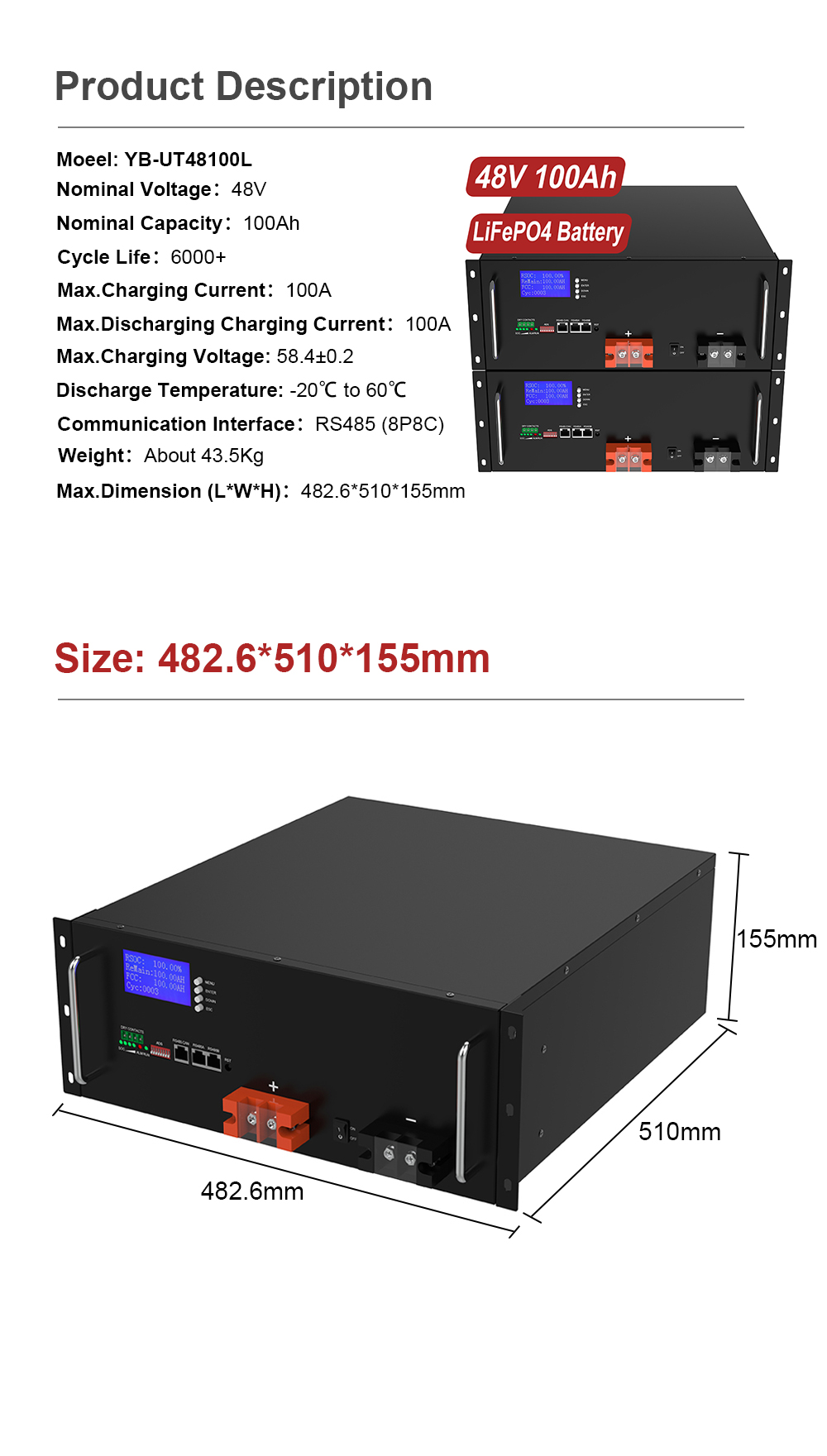 YABO 48V 100Ah LiFePO4 Rack Battery with High Efficiency and Low Loss