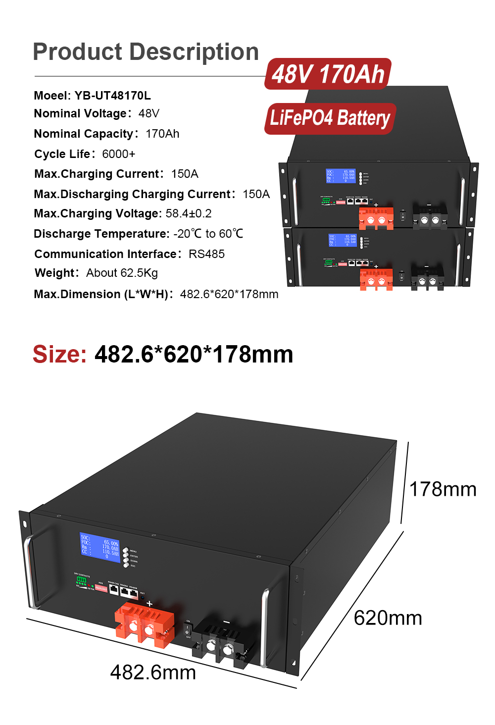 YABO 48V 170Ah LiFePO4 High-Density Rack Mount Battery