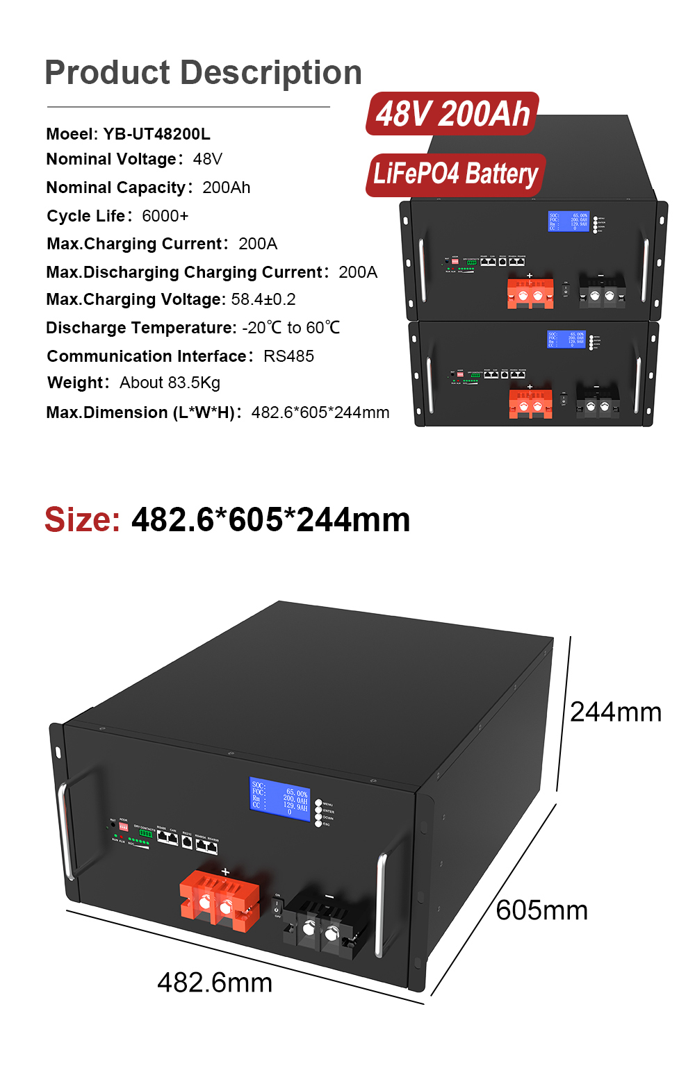 YABO 48V 200Ah Rackmount LiFePO4 for Telecom Equipment