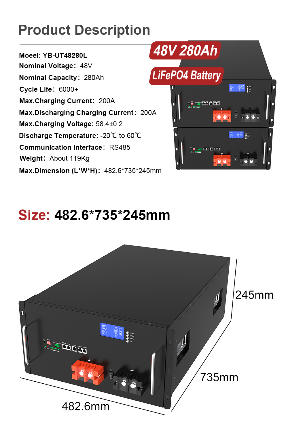 YABO Reliable 48V 280Ah LiFePO4 Rack Battery for Remote Sites