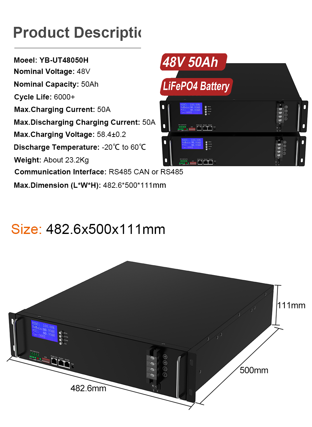 YABO Solar-Ready 48V 50Ah Rackmount LiFePO4 Battery Pack