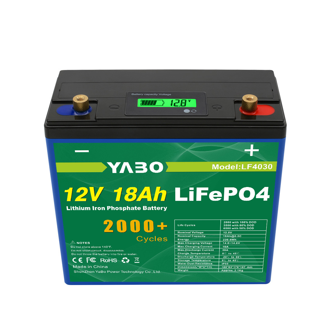 YABO 12V 18Ah Deep Cycle Lithium batterie en fer Pack cylindrique Forme