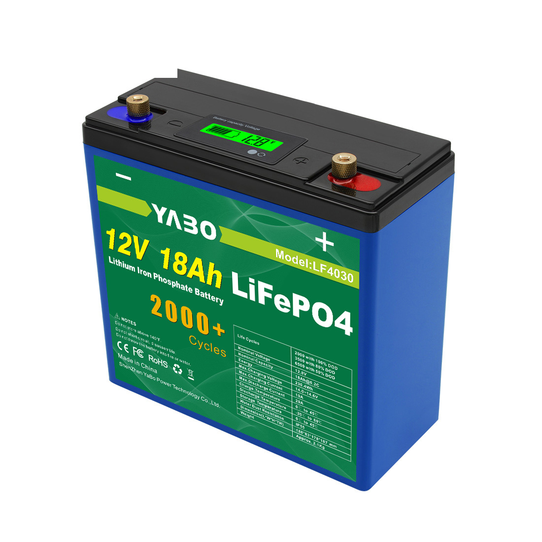 YABO 12V 18Ah LiFePO4 Batterij met BMS voor Huisopslag