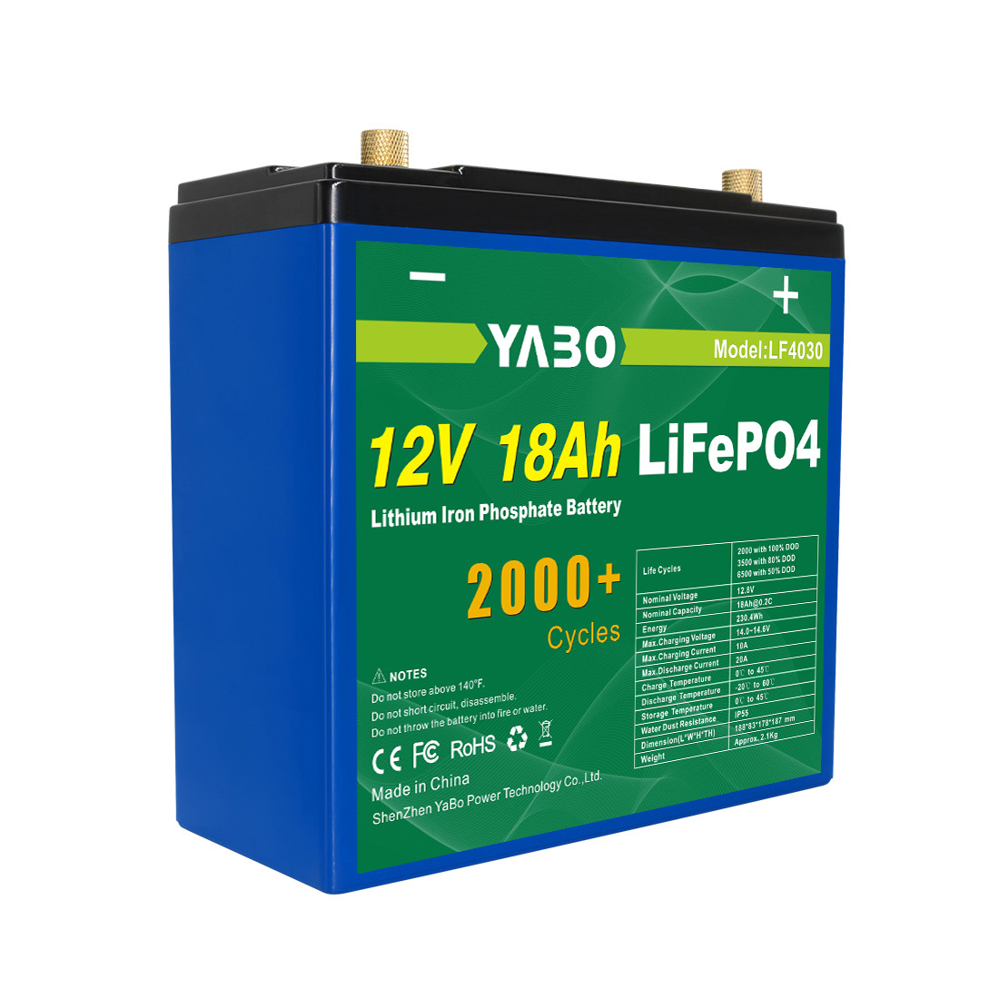 YABO 12V 18Ah LiFePO4 Batterij met BMS voor Huisopslag