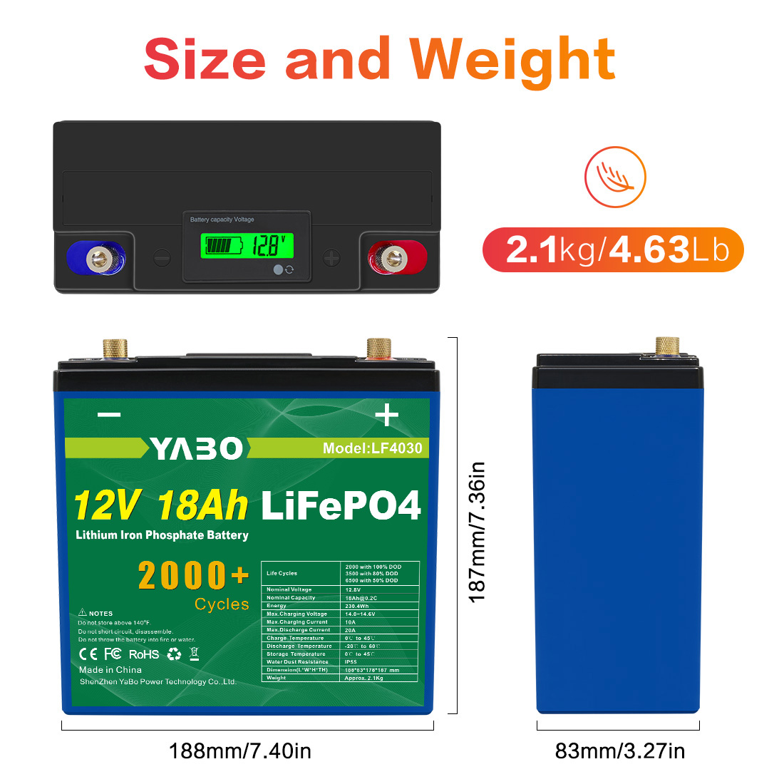 YABO 12V 18Ah LiFePO4 Batterij met BMS voor Huisopslag