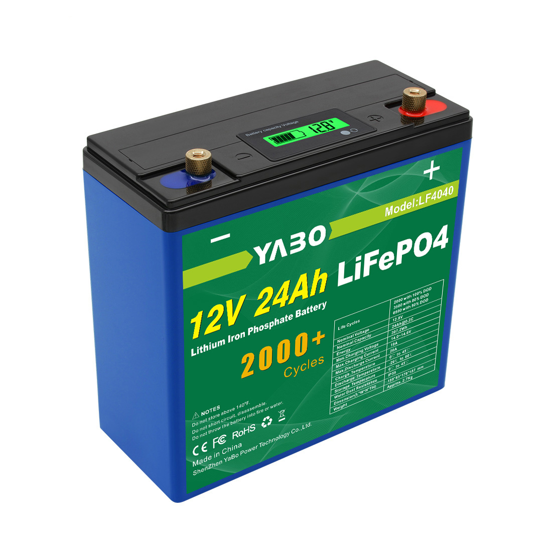 YABO 12V 24Ah LiFePO4 Batterij met Kortsluitingsbescherming voor Huisopslag