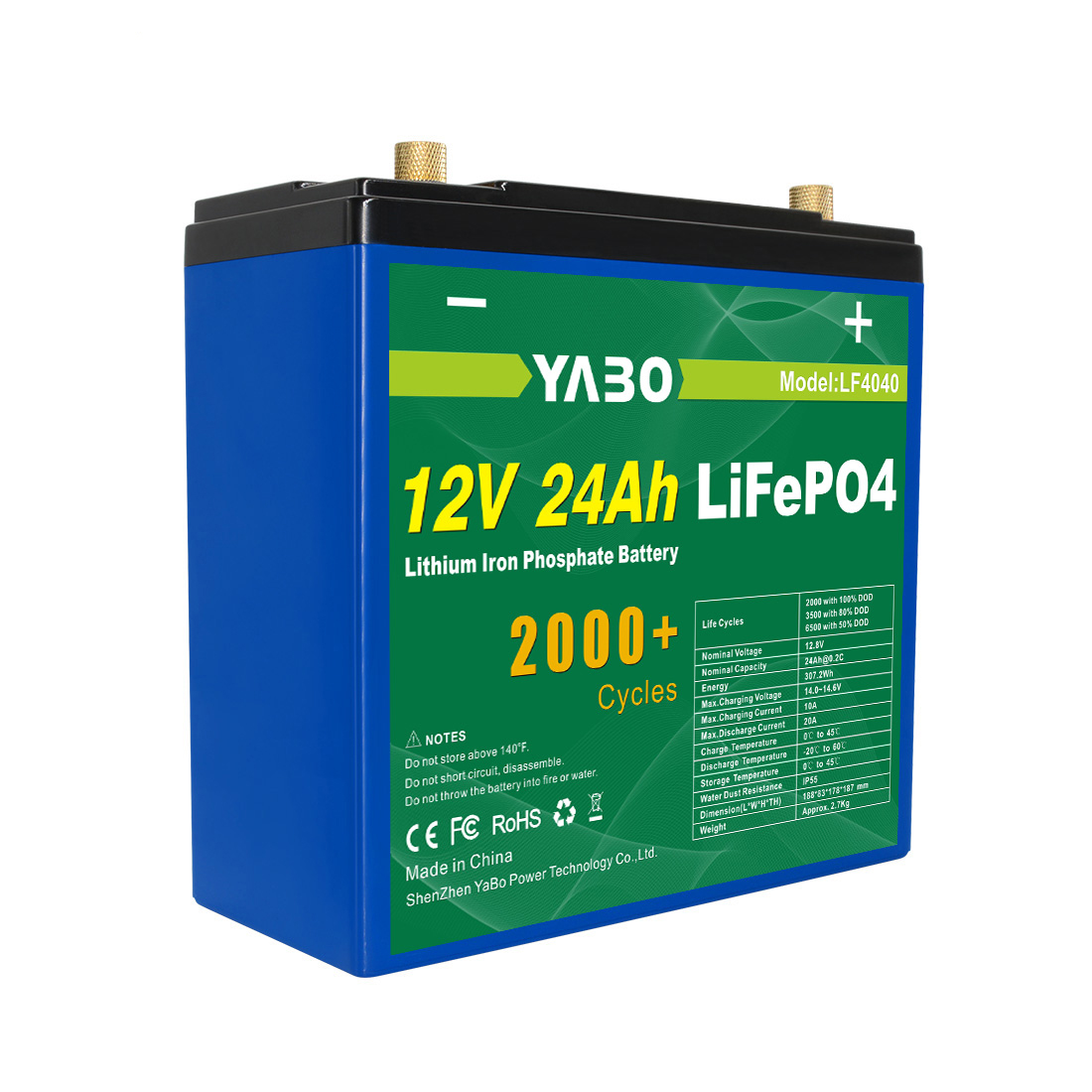 YABO 12V 24Ah Stockage fiable de l'énergie en cas de catastrophe LiFePO4 Batterie