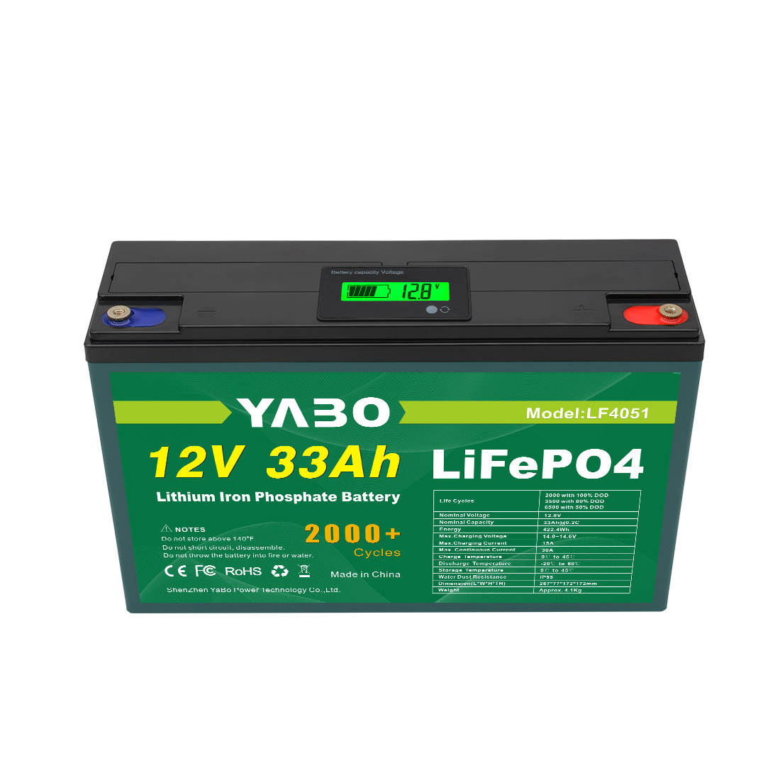 YABO 12V 33Ah LiFePO4 batterij met stofdicht ontwerp voor huisopslag