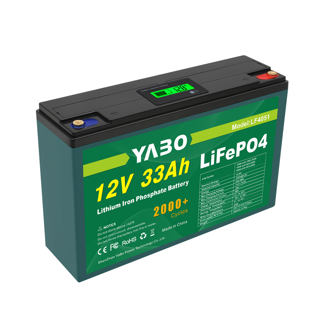 YABO 12V 33Ah LiFePO4 batterij met stofdicht ontwerp voor huisopslag