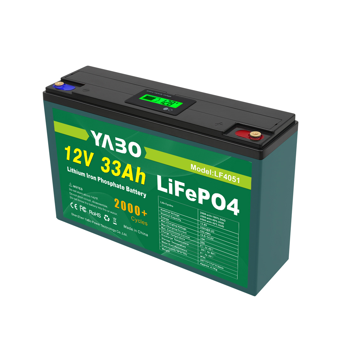 YABO 12V 33Ah LiFePO4 batterij met stofdicht ontwerp voor huisopslag