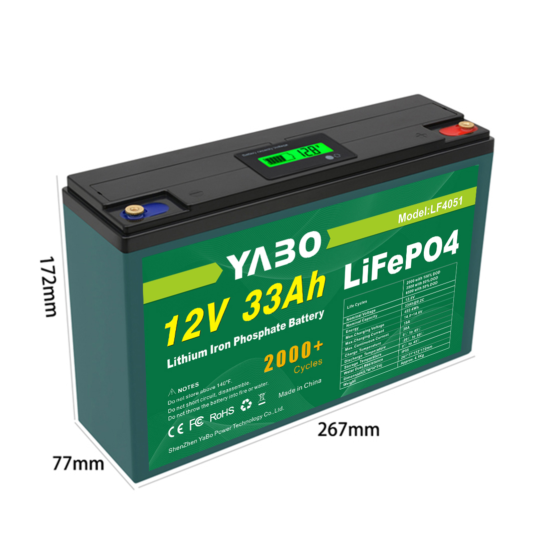 YABO 12V 33Ah LiFePO4 batterij met stofdicht ontwerp voor huisopslag