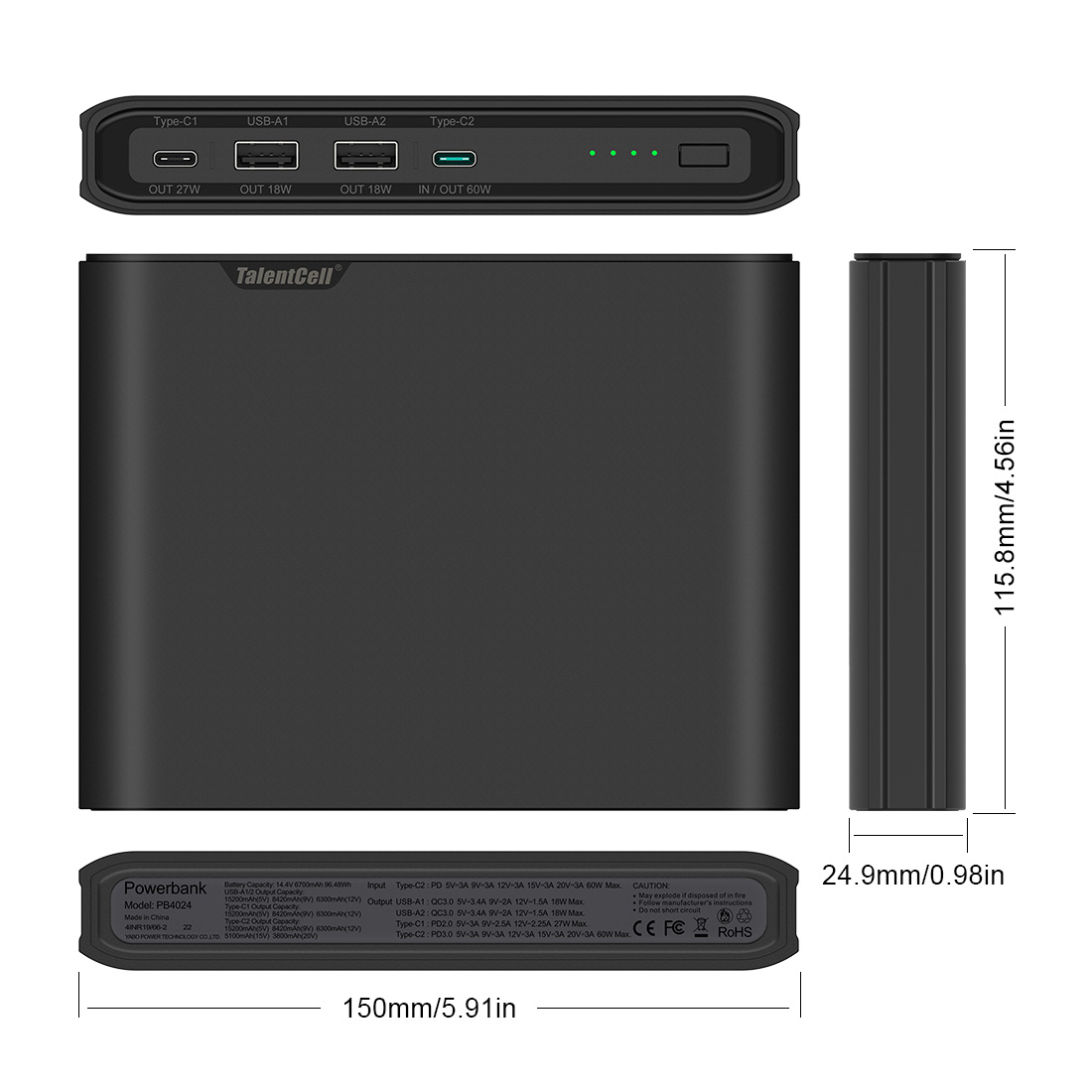 PB4024 14.4V 6700mAh Lithium Battery Pack with Dual USB-C PD 60W Output