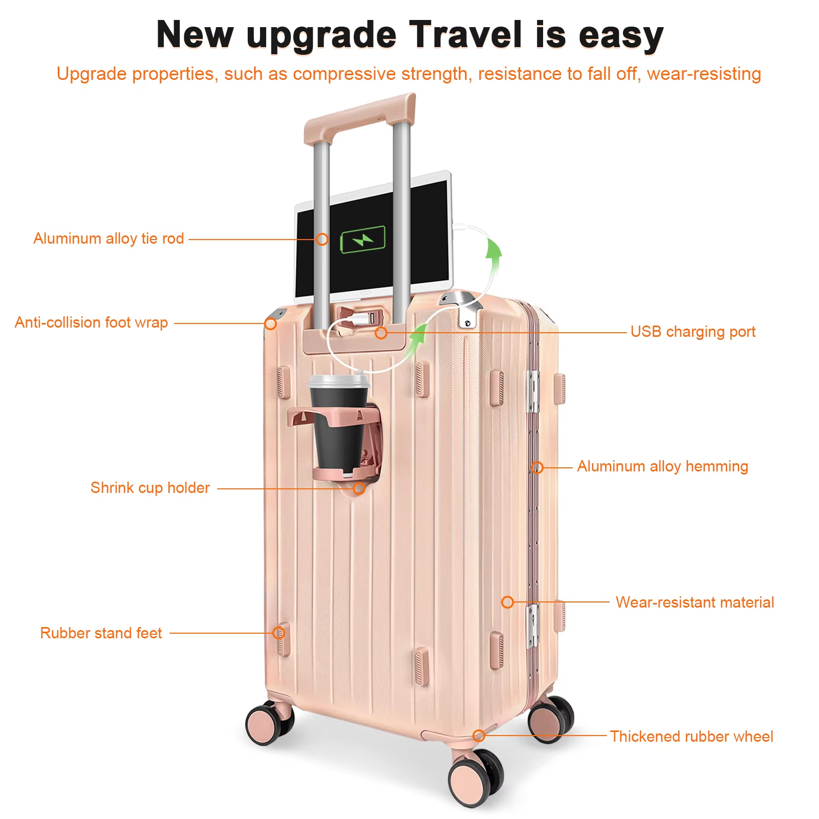 Multifunctional Aluminum Frame Suitcase with Charger Phone Holder& Cup Holder