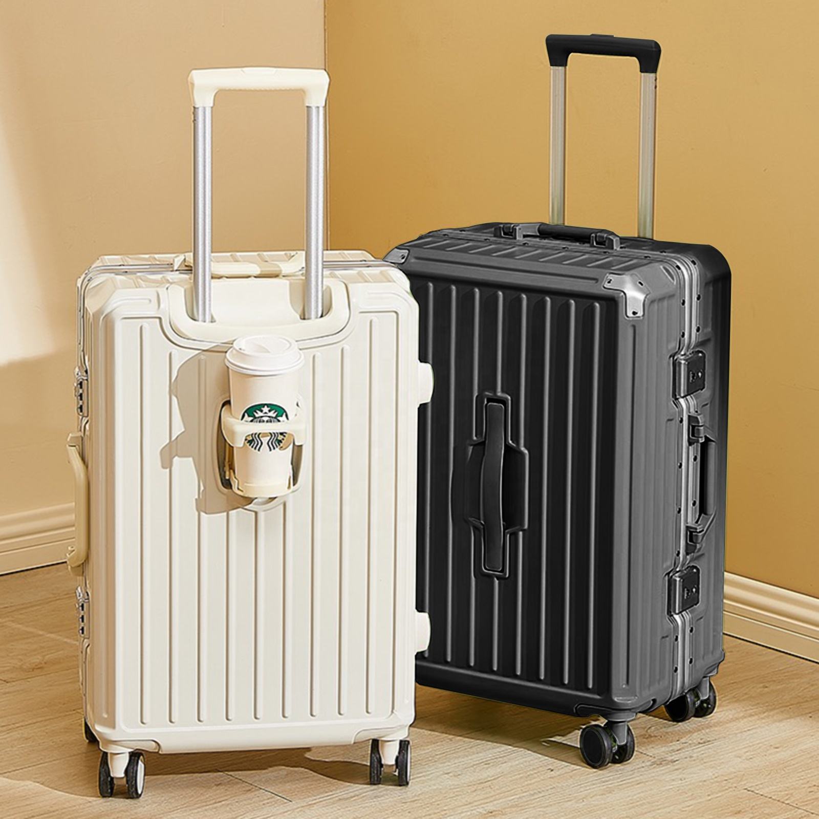 Multifunctional Aluminum Frame Suitcase with Charger Phone Holder& Cup Holder
