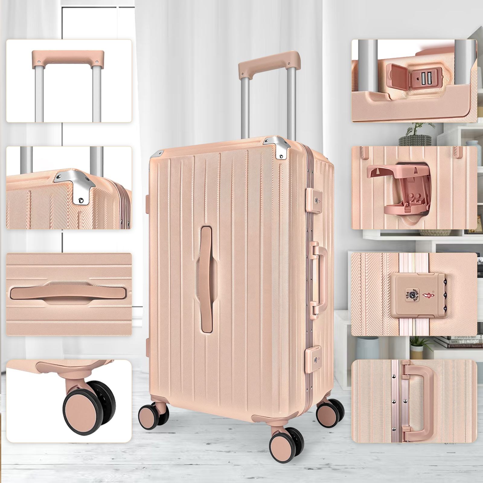 Multifunctional Aluminum Frame Suitcase with Charger Phone Holder& Cup Holder