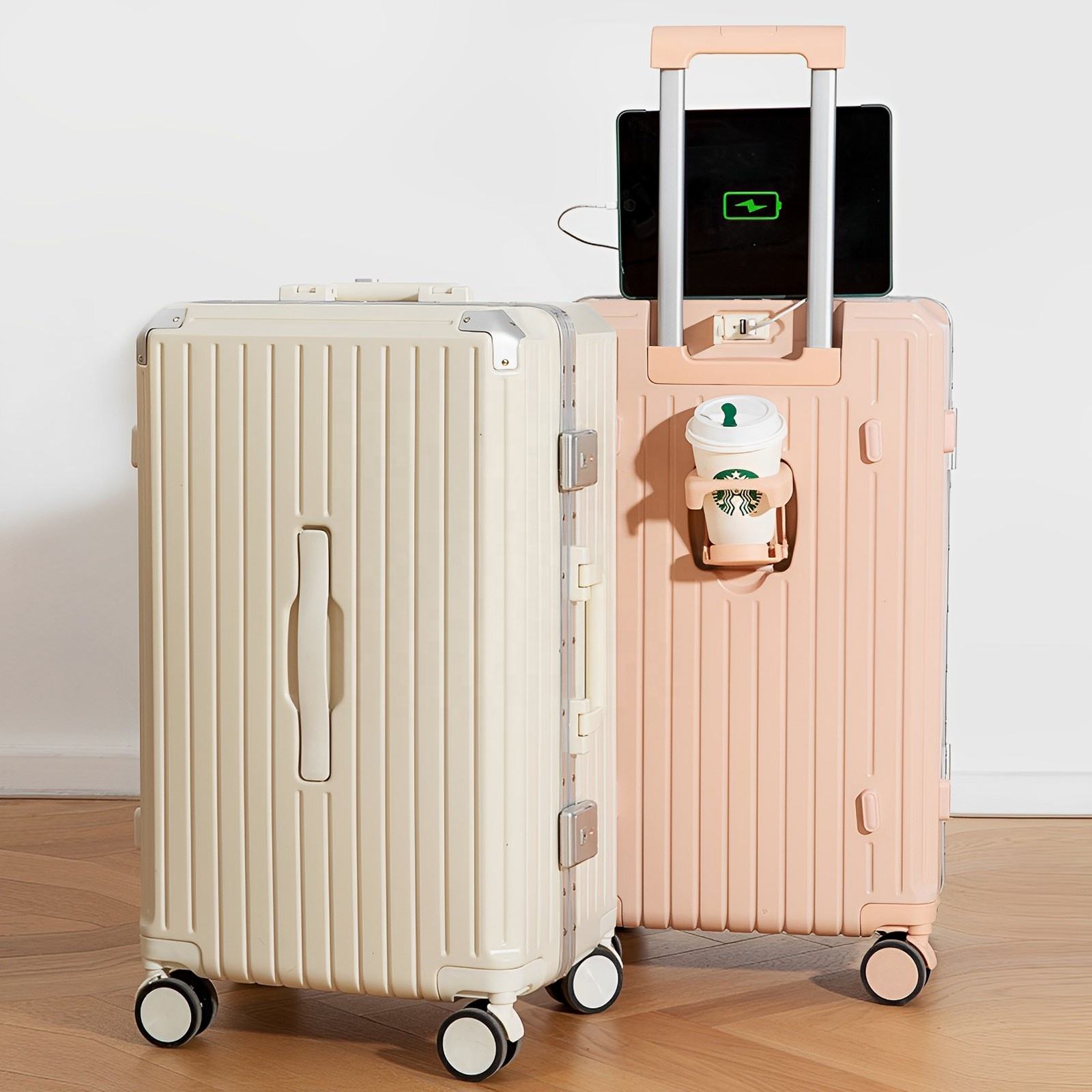 Multifunctional Aluminum Frame Suitcase with Charger Phone Holder& Cup Holder