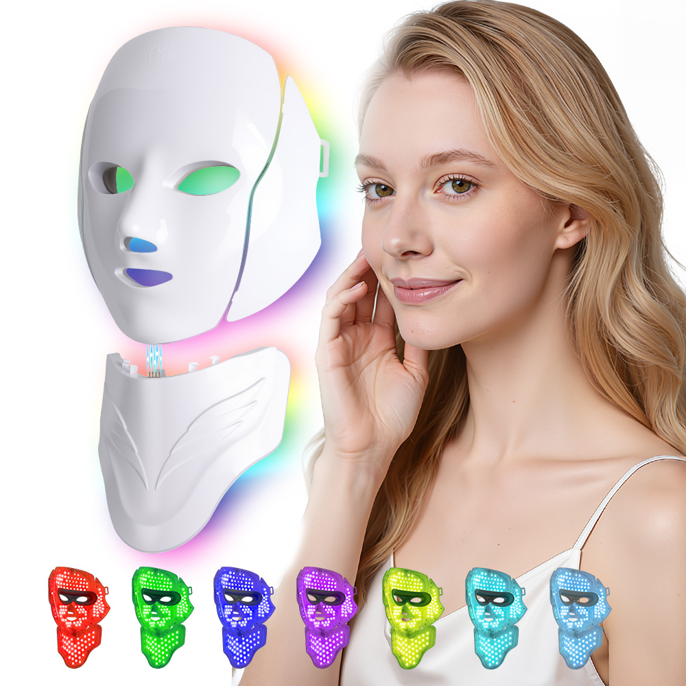 7 Color LED Light Therapy Face Mask with Neck Attachment - Professional Phototherapy Skin Rejuvenation Device for Anti-Aging, Acne, and Wrinkles