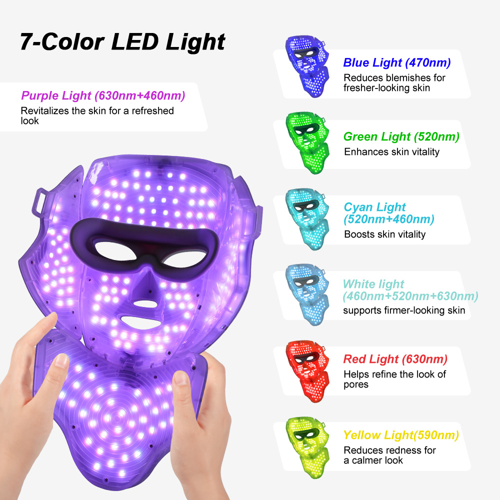 7 Color LED Light Therapy Face Mask with Neck Attachment - Professional Phototherapy Skin Rejuvenation Device for Anti-Aging, Acne, and Wrinkles