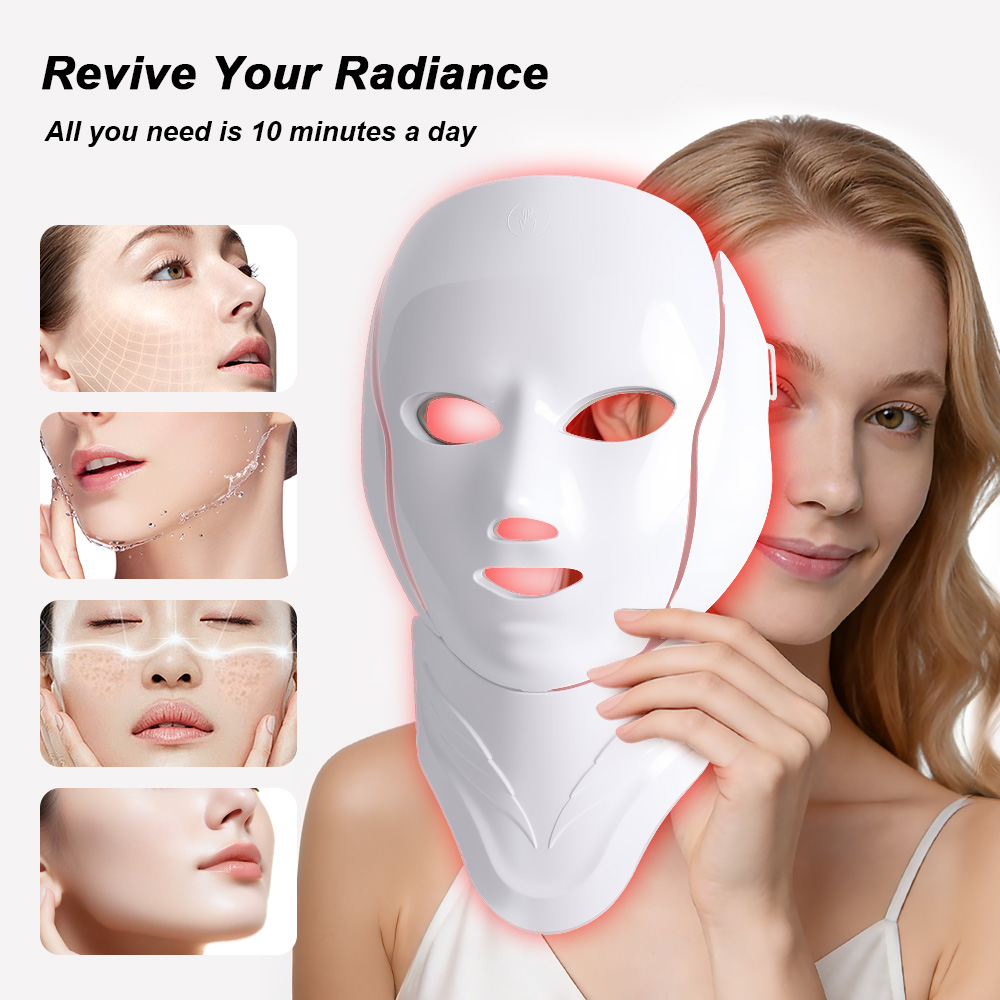 7 Color LED Light Therapy Face Mask with Neck Attachment - Professional Phototherapy Skin Rejuvenation Device for Anti-Aging, Acne, and Wrinkles