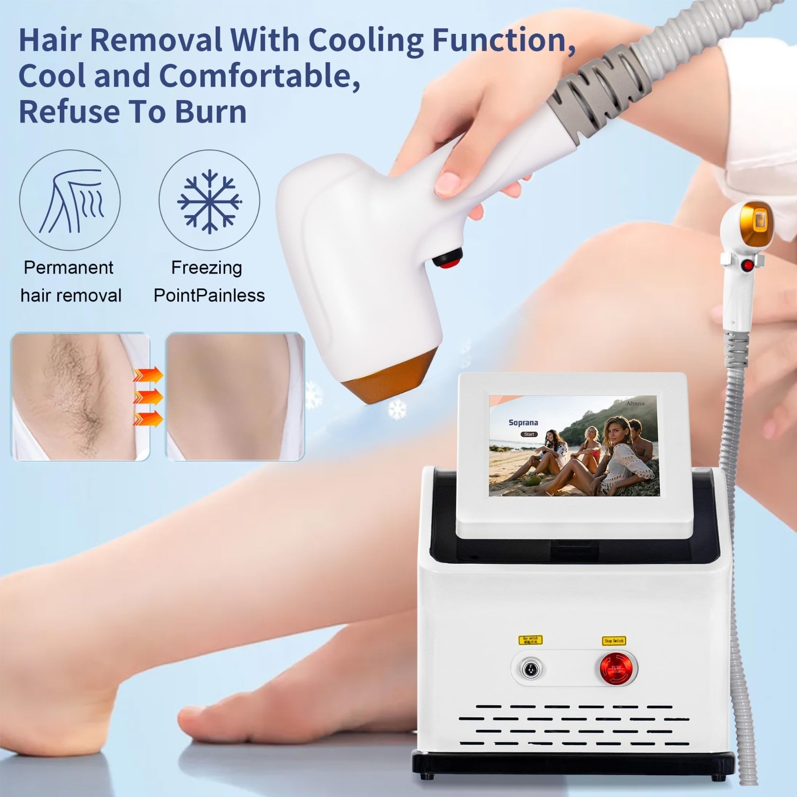 Portable 808 Diode Laser Freezing Point Painless Efficient Hair Removal Machine