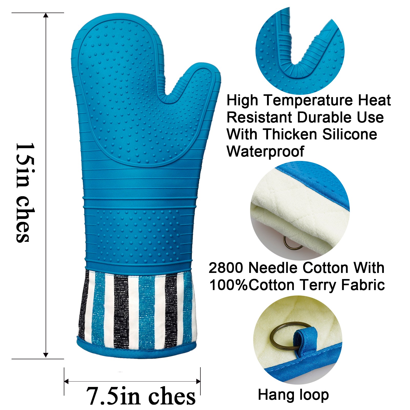 Kitchen Silicone Oven Mitts – Heat Resistant, Waterproof, Non-Slip Thermal Glove (Blue)