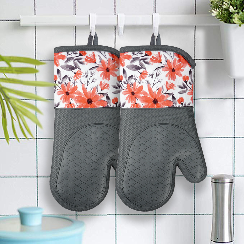 Kitchen Silicone Oven Mitts – Grey Heat Resistant Gloves with Red Floral Cotton Cuff