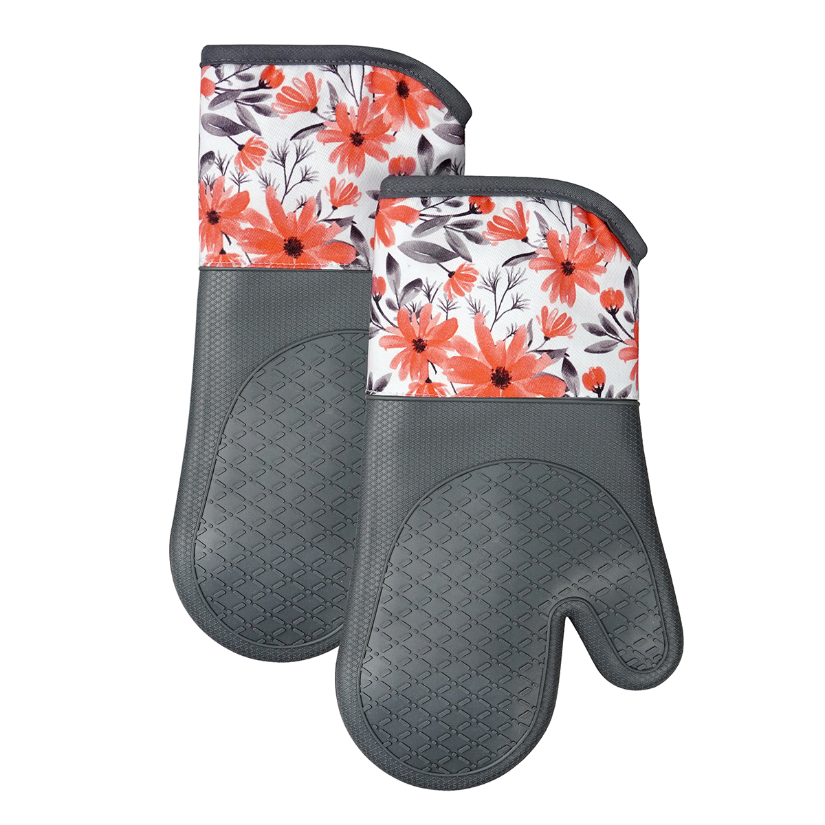 Kitchen Silicone Oven Mitts – Grey Heat Resistant Gloves with Red Floral Cotton Cuff