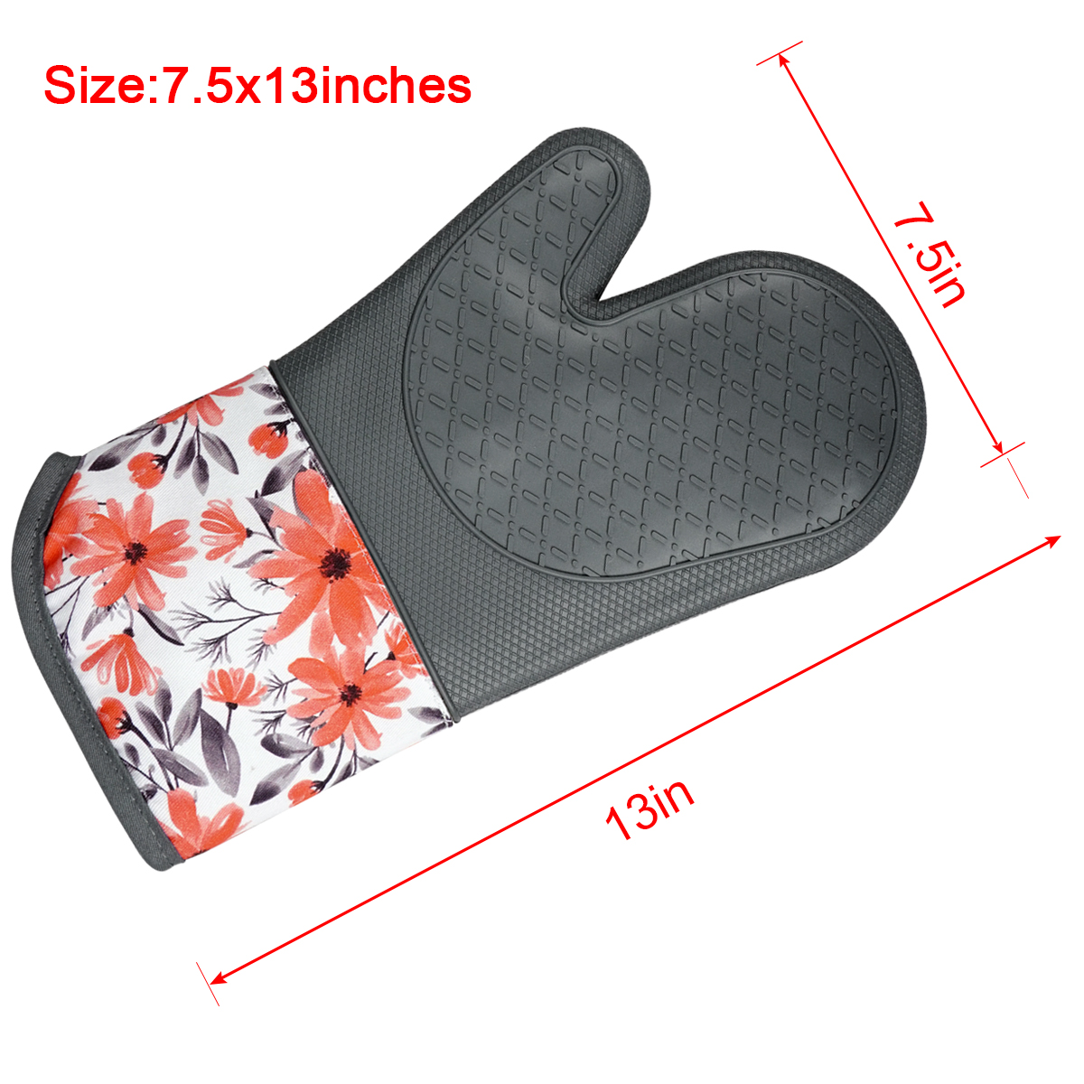 Kitchen Silicone Oven Mitts – Grey Heat Resistant Gloves with Red Floral Cotton Cuff