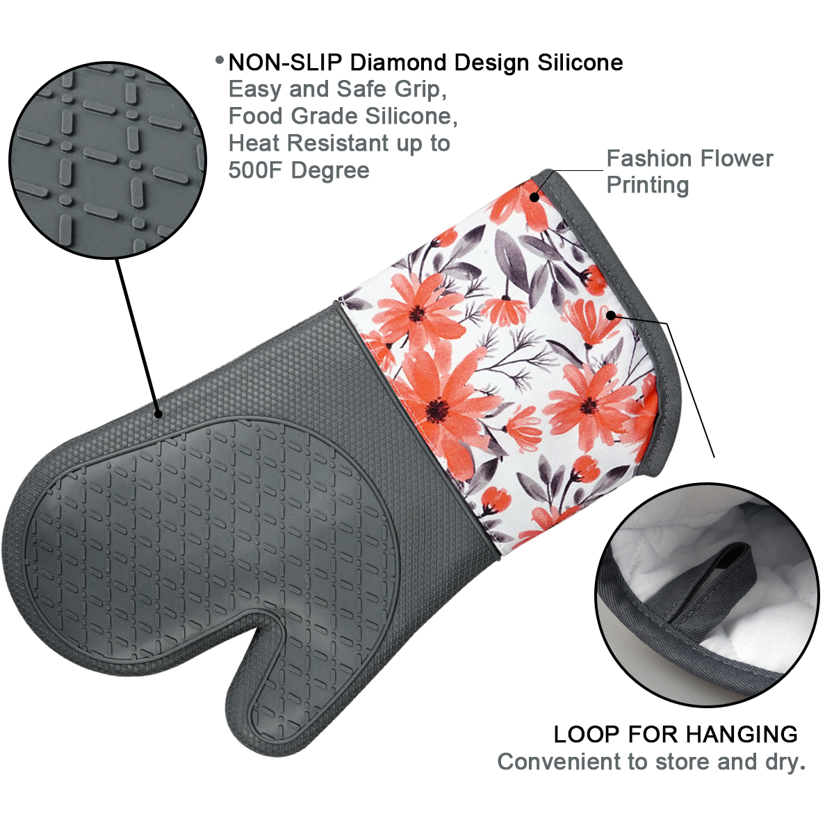Kitchen Silicone Oven Mitts – Grey Heat Resistant Gloves with Red Floral Cotton Cuff