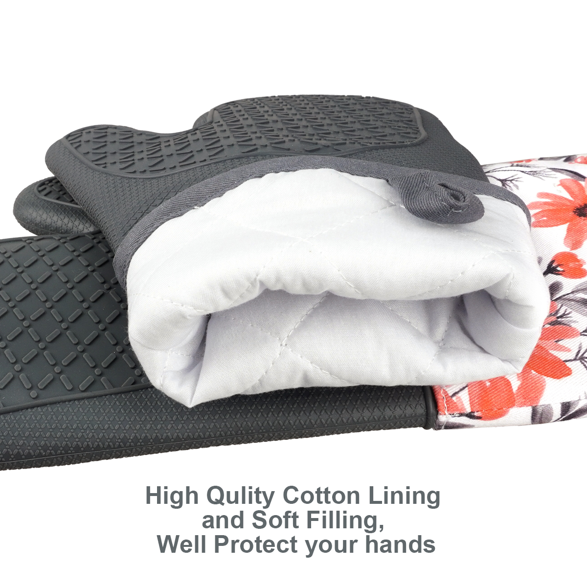Kitchen Silicone Oven Mitts – Grey Heat Resistant Gloves with Red Floral Cotton Cuff