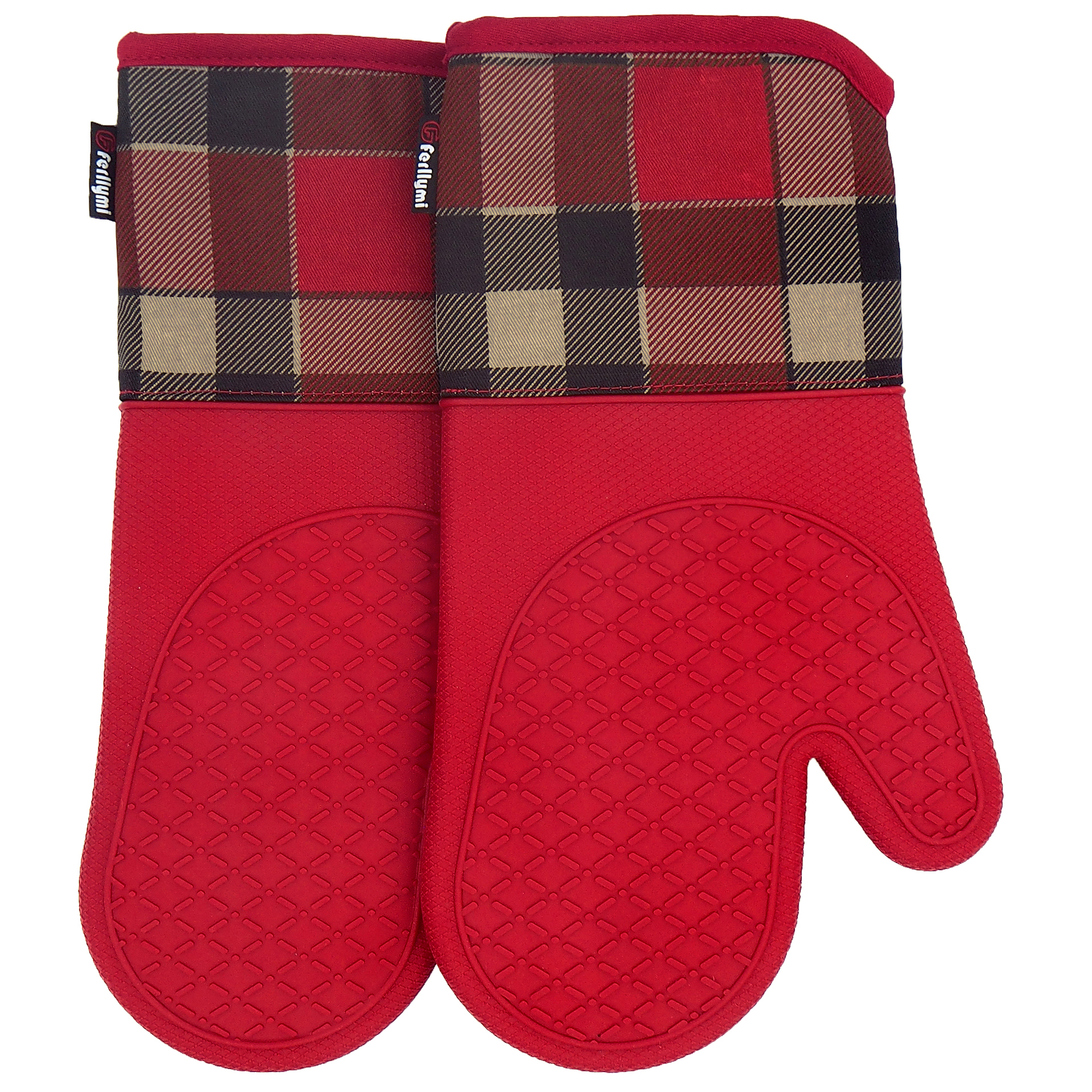Kitchen Silicone Oven Mitts – Red Heat Resistant Gloves with Plaid Cotton Cuff