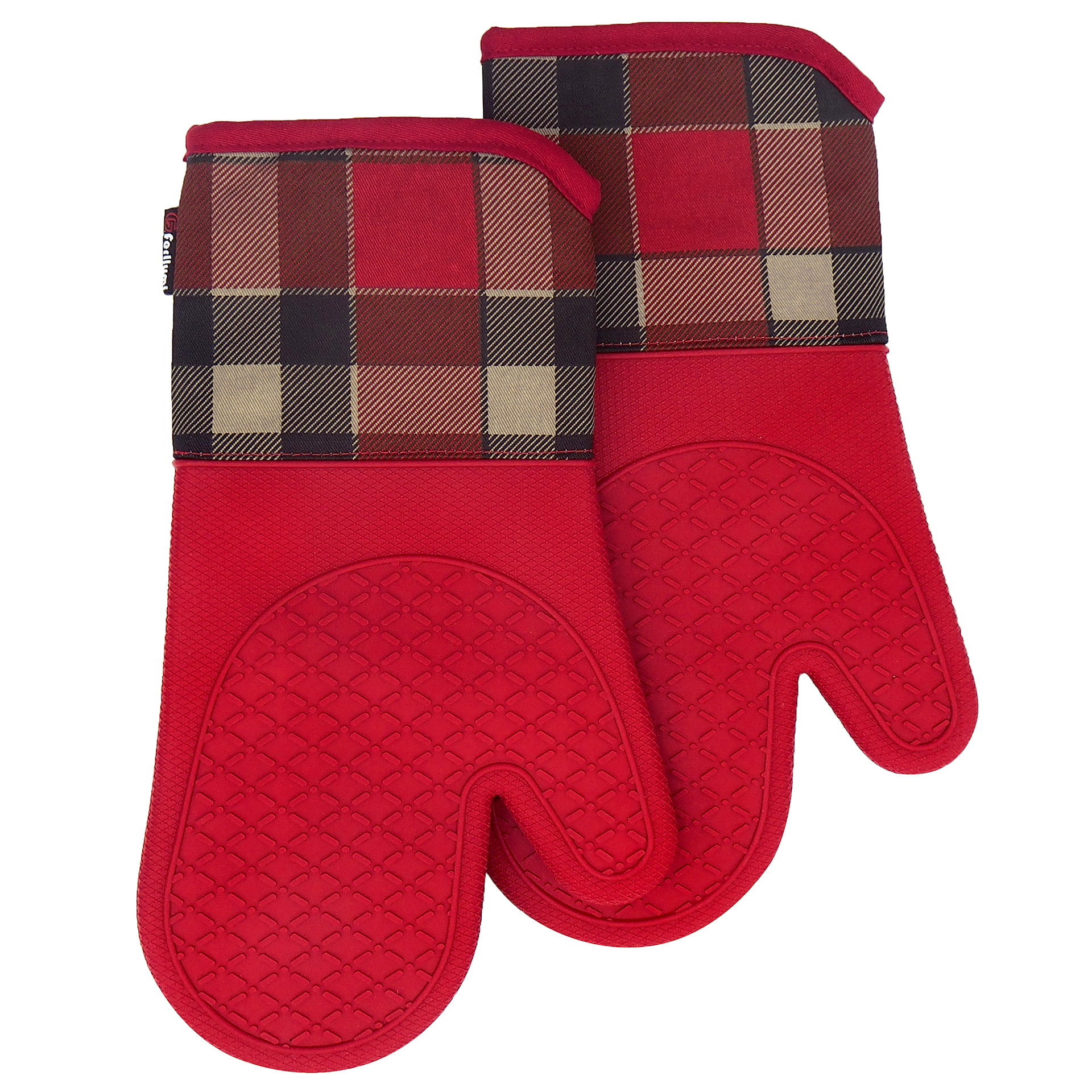 Kitchen Silicone Oven Mitts – Red Heat Resistant Gloves with Plaid Cotton Cuff