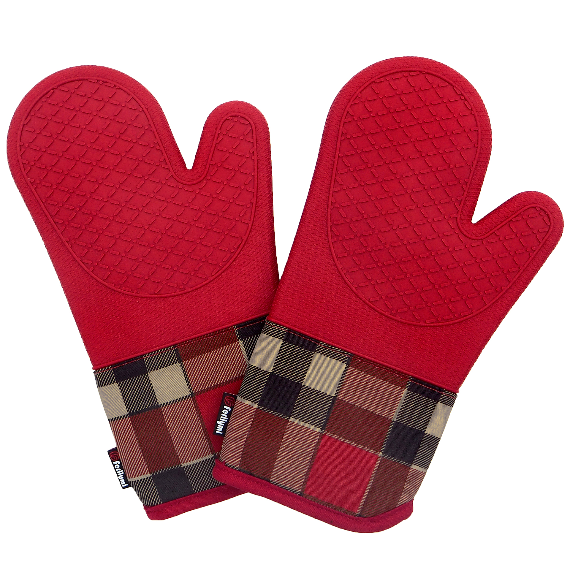 Kitchen Silicone Oven Mitts – Red Heat Resistant Gloves with Plaid Cotton Cuff