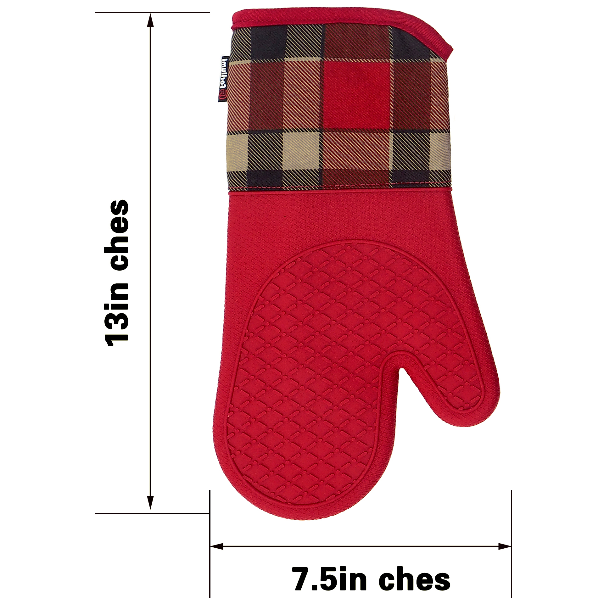 Kitchen Silicone Oven Mitts – Red Heat Resistant Gloves with Plaid Cotton Cuff