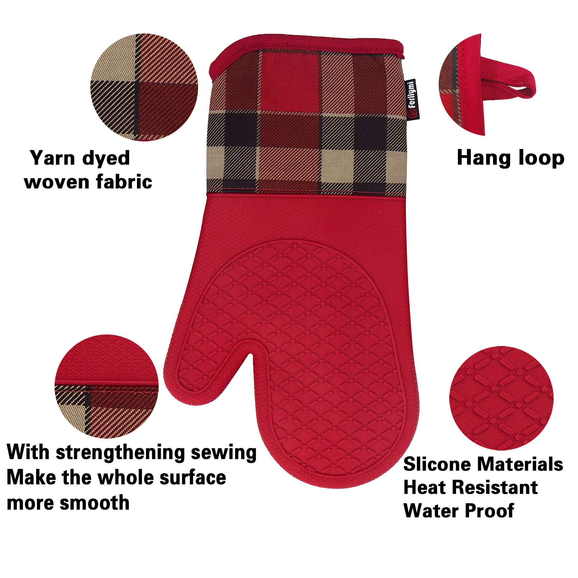 Kitchen Silicone Oven Mitts – Red Heat Resistant Gloves with Plaid Cotton Cuff