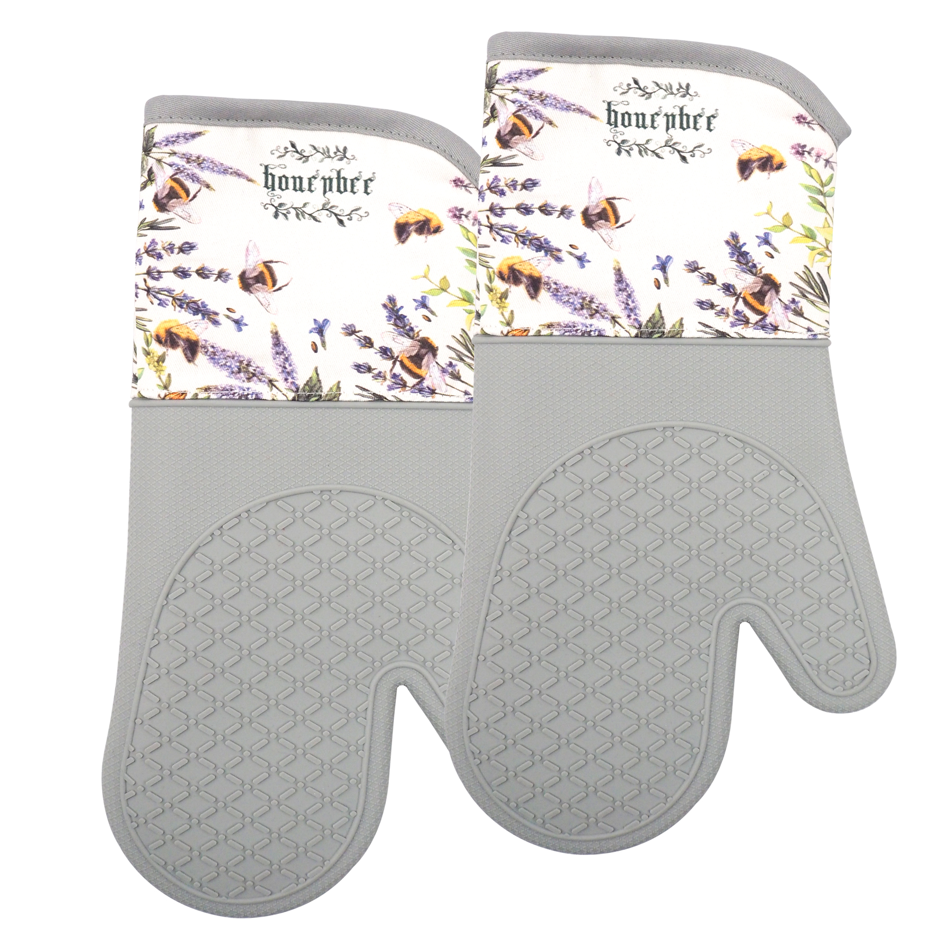 High-Quality Kitchen Silicone Oven Mitts – Lavender Bee Patterned Heat Resistant Gloves