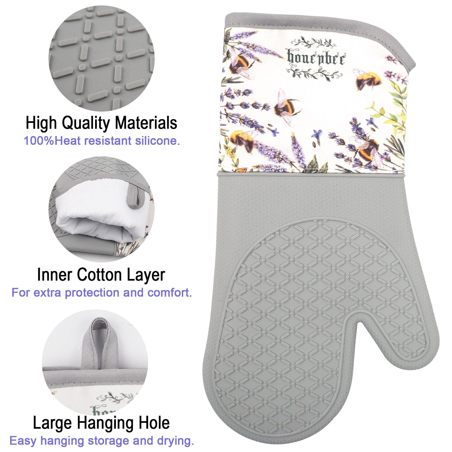 High-Quality Kitchen Silicone Oven Mitts – Lavender Bee Patterned Heat Resistant Gloves