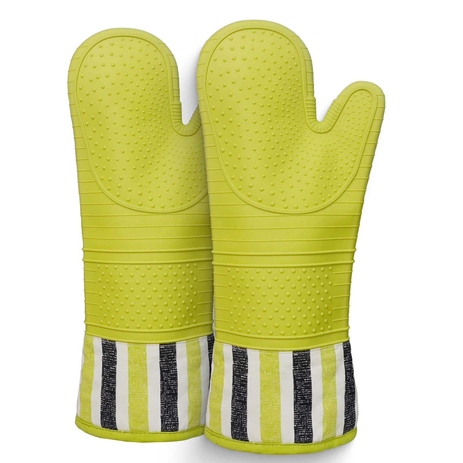 Kitchen Silicone Oven Mitt – Long Cuff Heat Resistant Glove for Baking & BBQ (Lime Green, Striped Cotton Cuff)