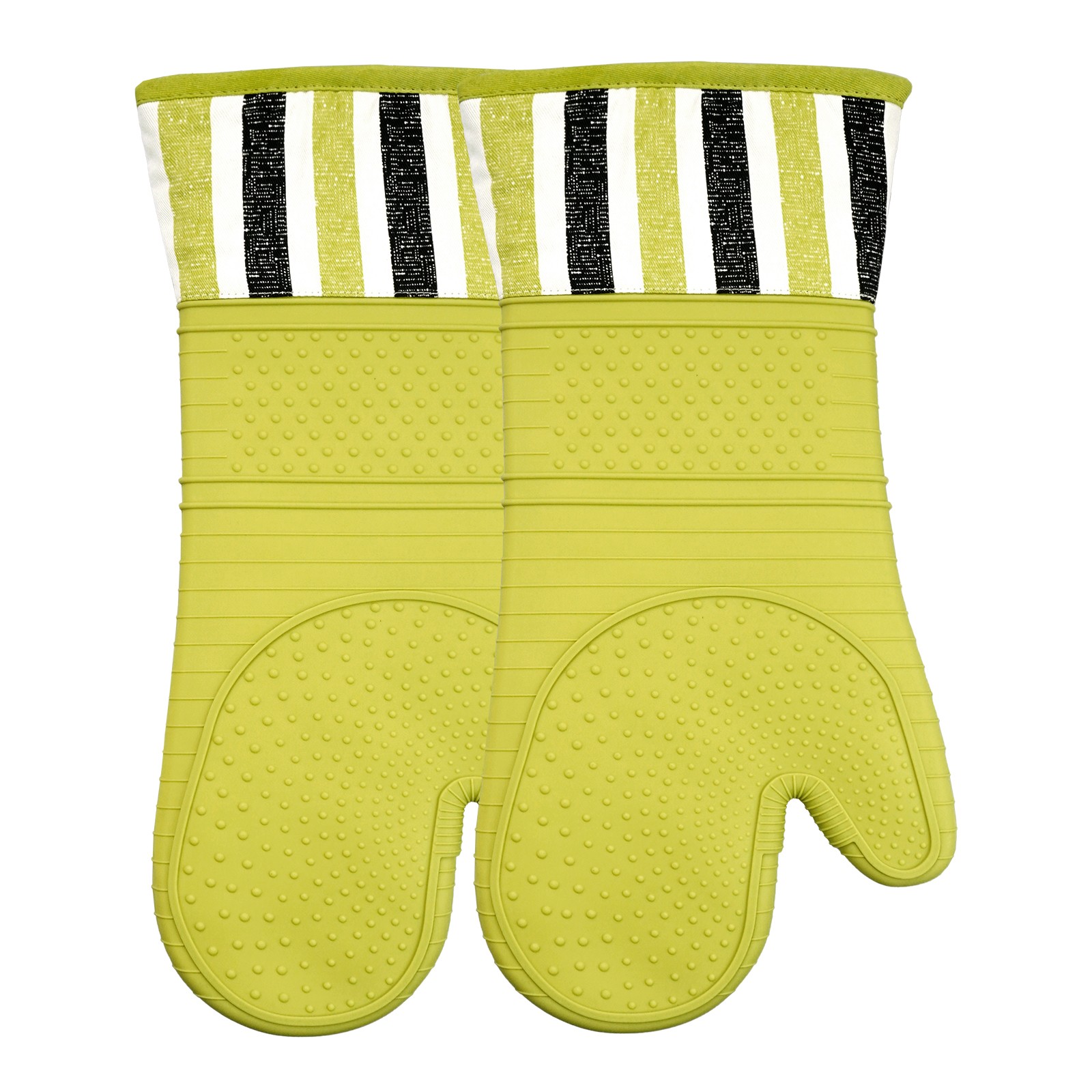 Kitchen Silicone Oven Mitt – Long Cuff Heat Resistant Glove for Baking & BBQ (Lime Green, Striped Cotton Cuff)